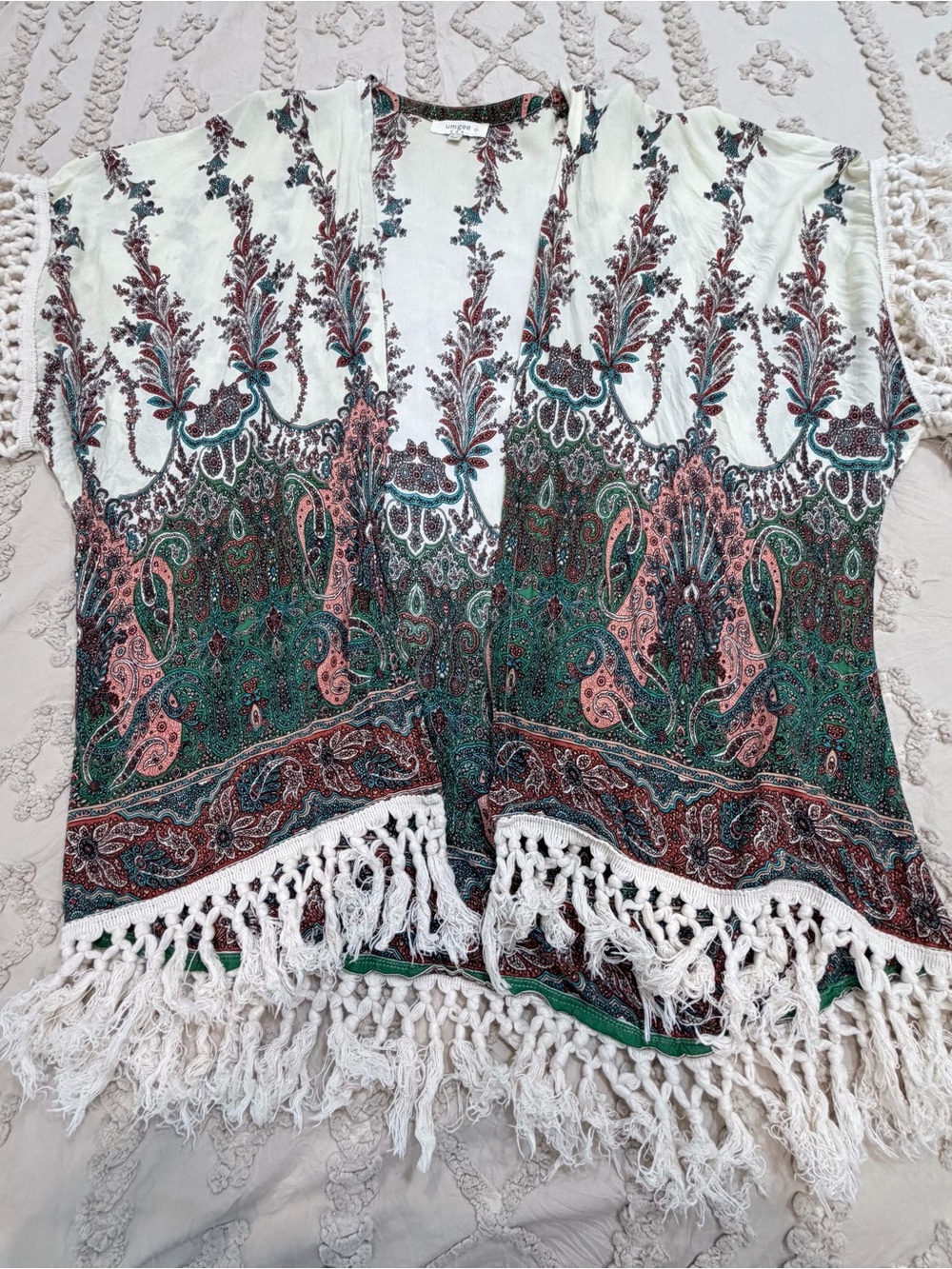 Umgee Green and Cream Paisley Fringe Kimono